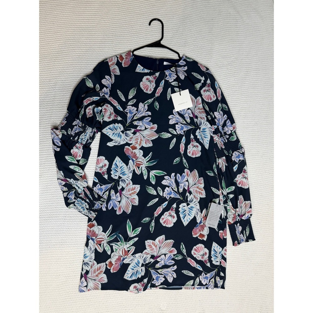 Cooper St Navy Blue Floral Long Sleeve Smocked Shift Dress 18CS01409 Size 8 NEW